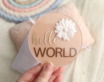 Acrylic Milestone Disc, Hello World Acrylic Disc, Hello World Milestone Card, Baby Gift, Newborn Gift idea, baby shower gift, Gold Foil