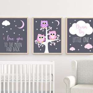 Baby Nursery Wall Art, Owl Nursery Wall Art, Girl Nursery Decor, Tree Wall Art, Love you to the moon and back, Baby Shower Gift, Bedroom Art