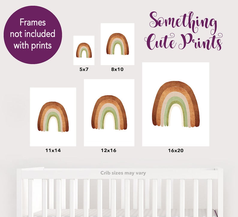 Peut inclure: Ensemble de cinq impressions d'arc-en-ciel aquarelle de diff&eacute;rentes tailles, notamment 5x7 pouces, 8x10 pouces, 11x14 pouces, 12x16 pouces et 16x20 pouces. Les impressions pr&eacute;sentent un arc-en-ciel avec des couleurs brunes, vertes et beiges. Le texte "Something Cute Prints" est en haut de l'image.