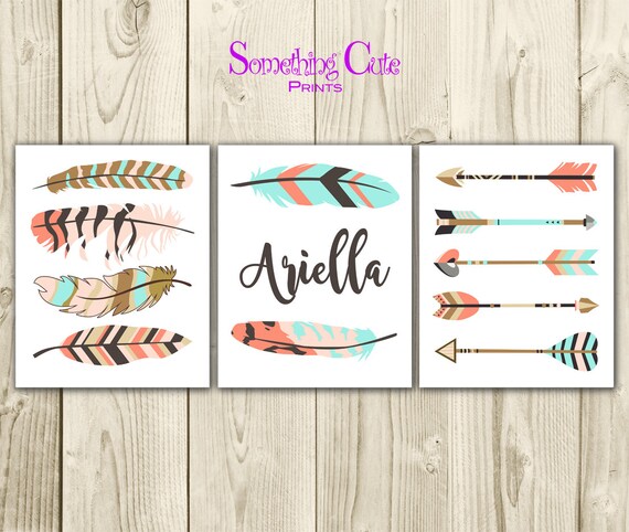 Tribal Nursery Wall Art Girl Nursery Wall Art Boho Themed Baby Room Art Boho Nursery Decor Arrows And Feathers Wall Art Baby Name Art