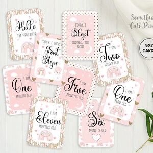 Cartes jalons, Cartes jalons roses, Cartes jalons bohèmes, Idées cadeaux pour baby shower, Cadeaux nouveau-né, Suivi d'étapes clés, Cartes Hello World
