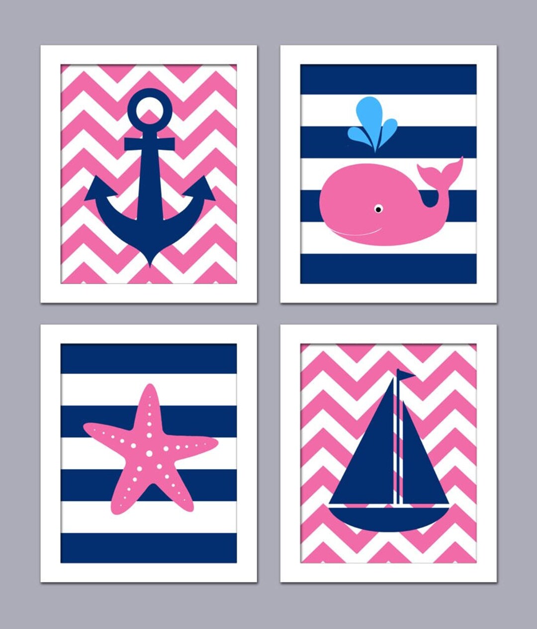 Nautical Nursery Wall Art Beach Themed Baby Room Pink Navy Etsy