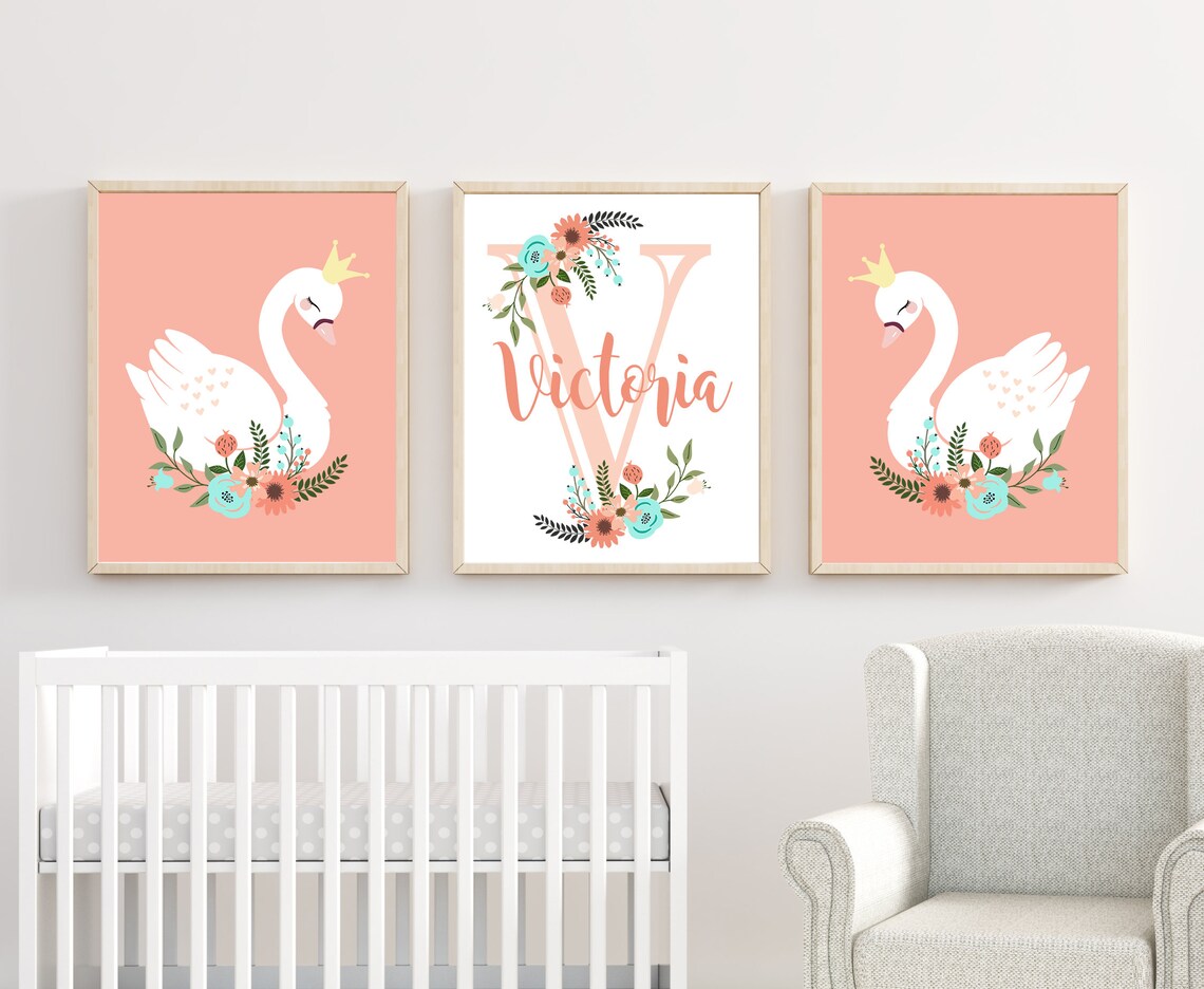 Pink Swan Nursery Wall Art Baby Girl Nursery Decor Swan Wall Etsy