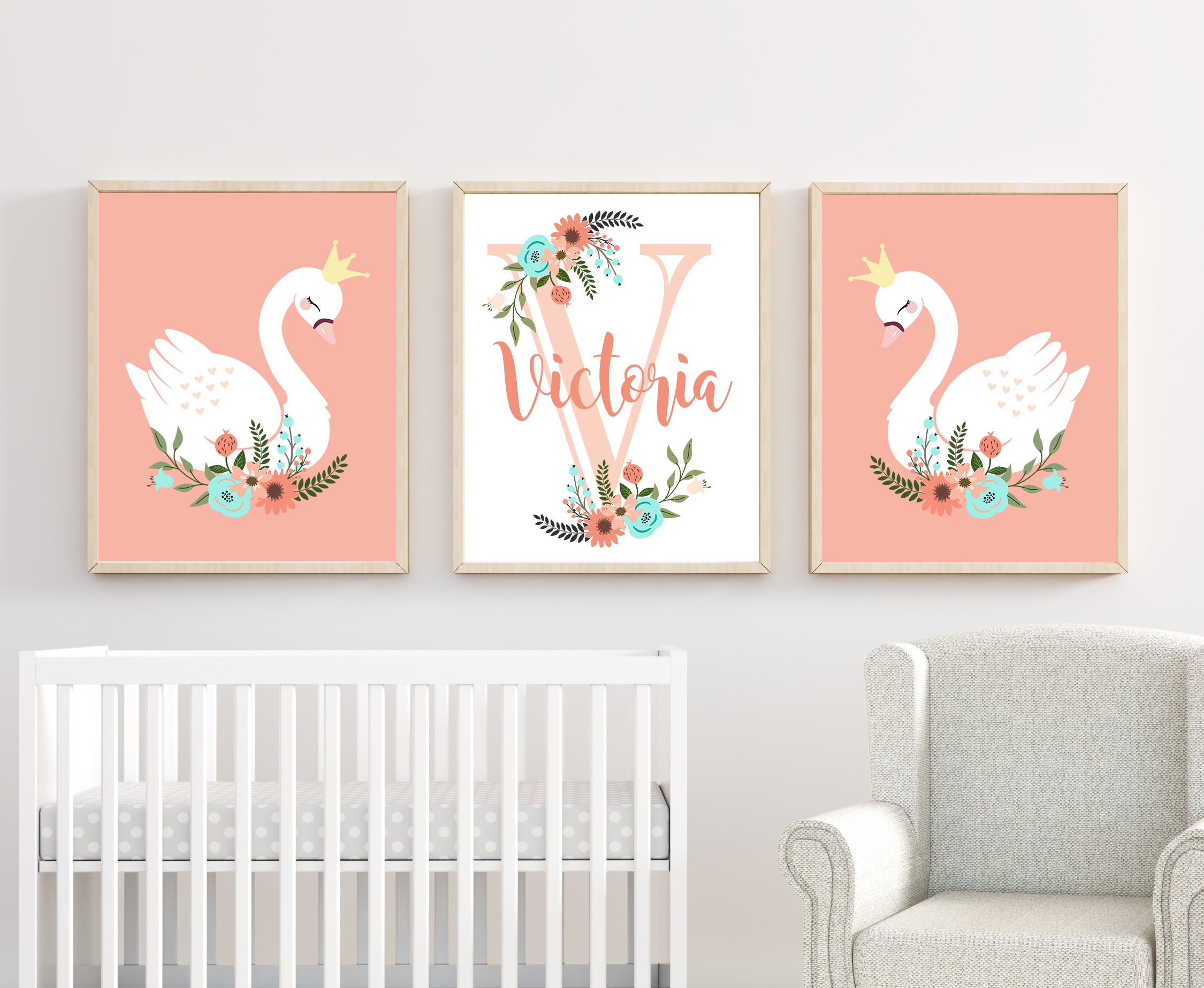 Pink Swan Nursery Wall Art, Baby Girl Nursery Decor, Swan Wall Prints ...
