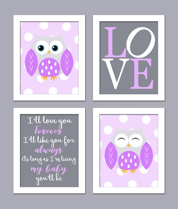 Purple Owl Nursery Wall Art Owl Baby Nursery Art Girl Etsy