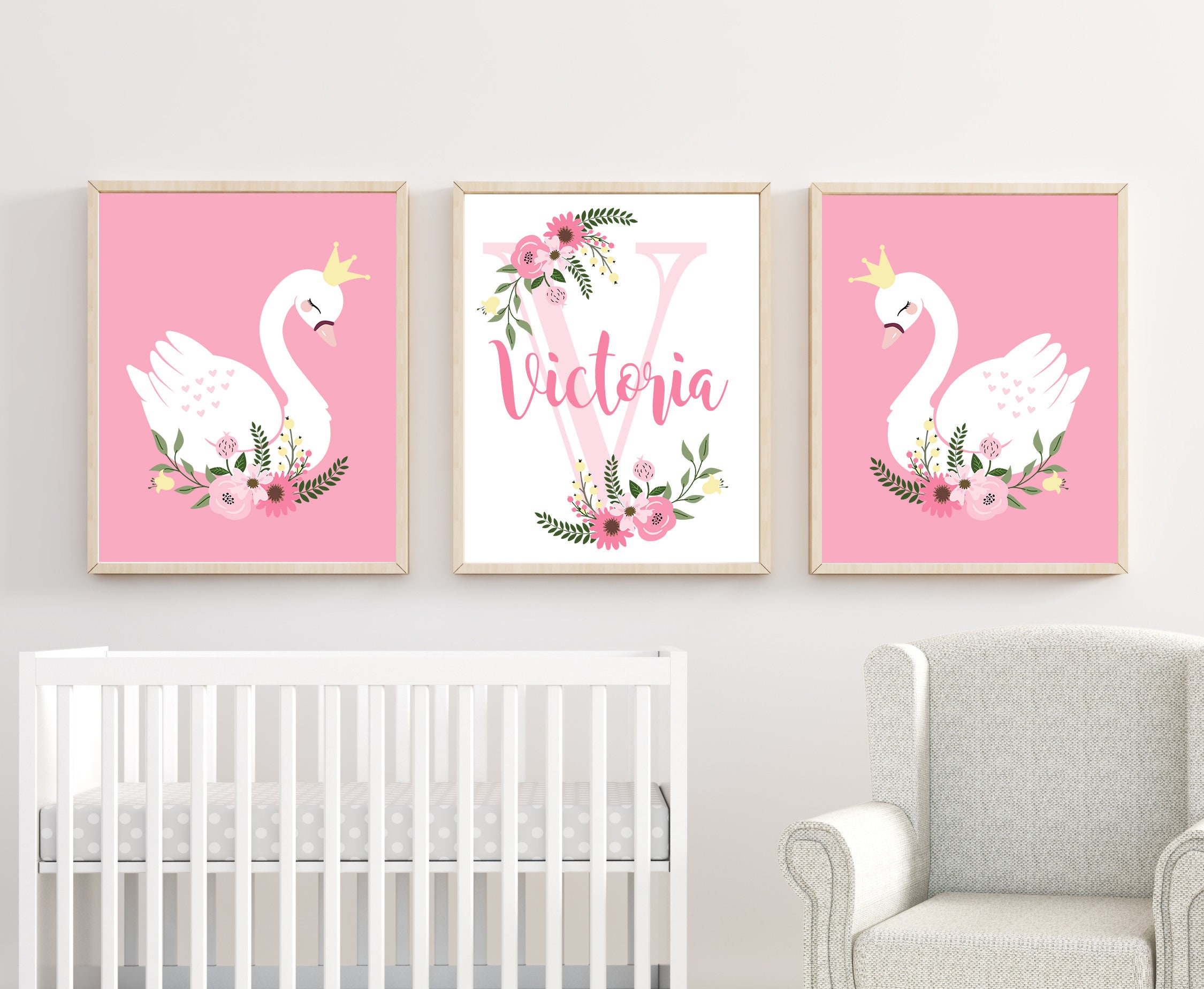 Pink Swan Nursery Wall Art, Baby Girl Nursery Decor, Swan Wall Prints ...