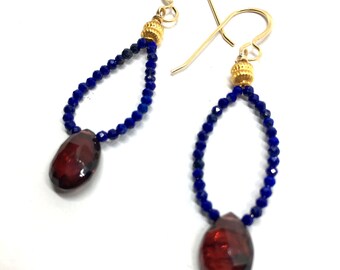 Lapis Lazuli and Garnet Gemstone Hoop Earrings in Solid 14K Yellow Gold