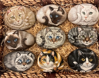 Painted Cat Rocks: Acrylic Pet Portrait Art, Personalised Gift