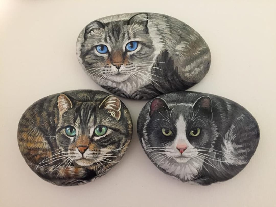 Custom Cat Portrait Rock: Hand-painted Pet Memorial Art X