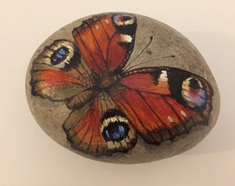 Orange Butterfly Rock - Peacock Butterfly Rock - Rock Art - Acrylic Painting - Hand Painted Gift - Original Painting