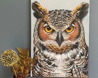 Owl Painting - Great Horned Owl - Owl Portrait - Original Acrylic Painting - Owl Decor - Wall Decor