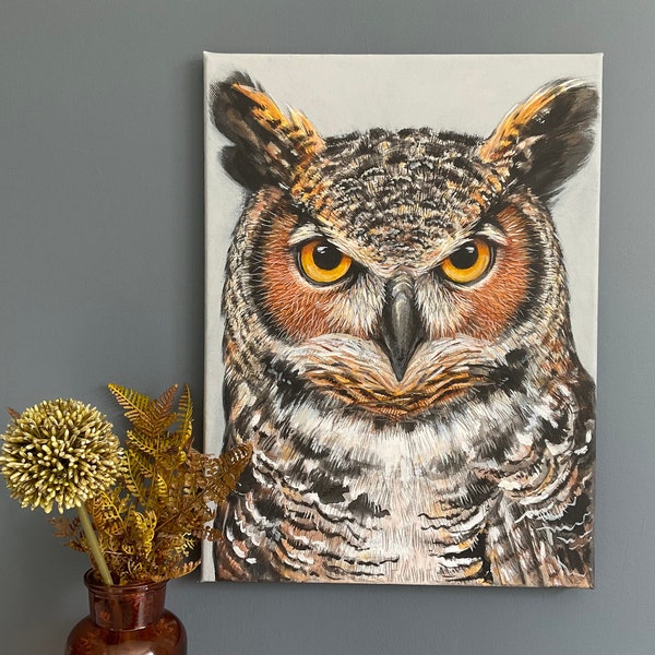 Owl Painting - Great Horned Owl - Owl Portrait - Original Acrylic Painting - Owl Decor - Wall Decor