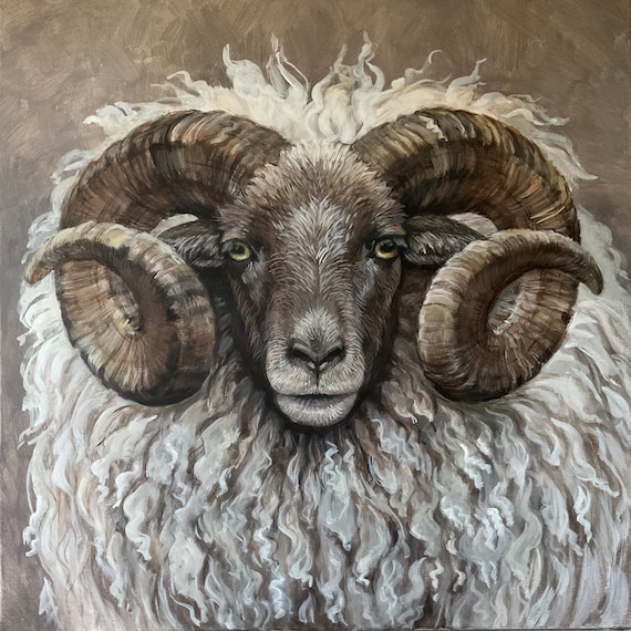 オリジナルの羊の絵画：大きなアクリル動物の肖像画 24x24インチ