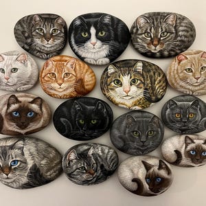 May include: A selection of hand-painted rocks, each depicting a different cat breed. The artwork includes detailed portraits of cats in various colours and patterns, such as tabby, Siamese, and black cats. The rocks are oval-shaped.