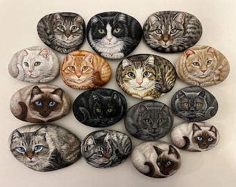 Handgeschilderde kattenrots: originele acrylrotsschildering op steen