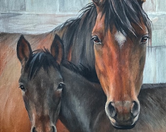 May include: An oil painting depicts two horses, a mother and foal, with a warm color palette. The larger horse has a brown coat with a white diamond on its forehead. The foal has a dark brown coat. The background is a light beige.