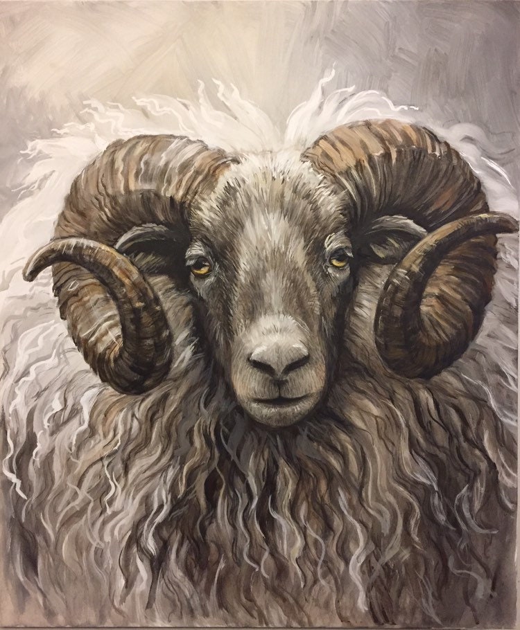 オリジナルの羊の絵画：大きなアクリル動物の肖像画 24x24インチ