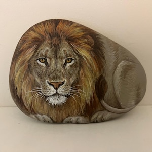 Lion Rock Art: Hand-Painted Acrylic Lion Portrait (3.5”x 4.2”) image 1