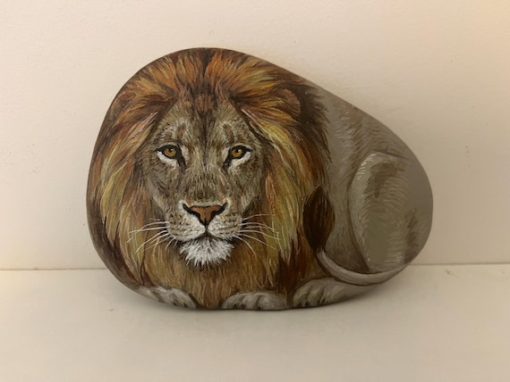 Lion Rock Art: Hand-Painted Acrylic Lion Portrait (3.5”x 4.2”)
