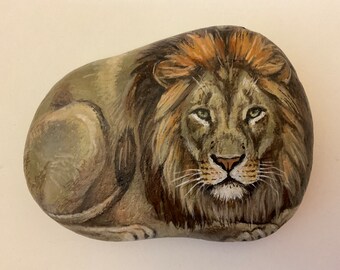 Lion Rock - Lion Painted on Rock - Rock Art - Lion Painting - Acrylic Painting - Original Art