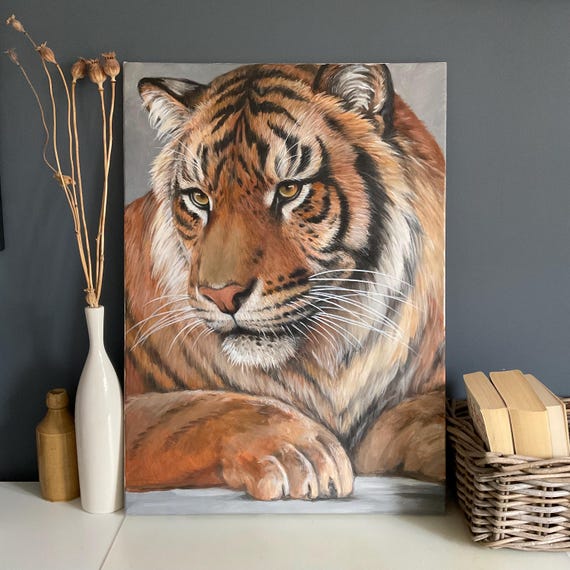 大きな虎の肖像 - オリジナルアクリル画、野生動物アート（19x27インチ