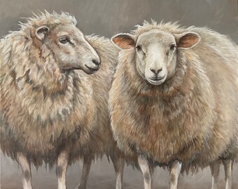 オリジナルの羊の絵画：大きなアクリル動物の肖像画 24x24インチ