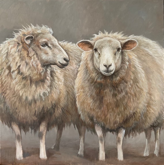 オリジナルの羊の絵画：大きなアクリル動物の肖像画 24x24インチ