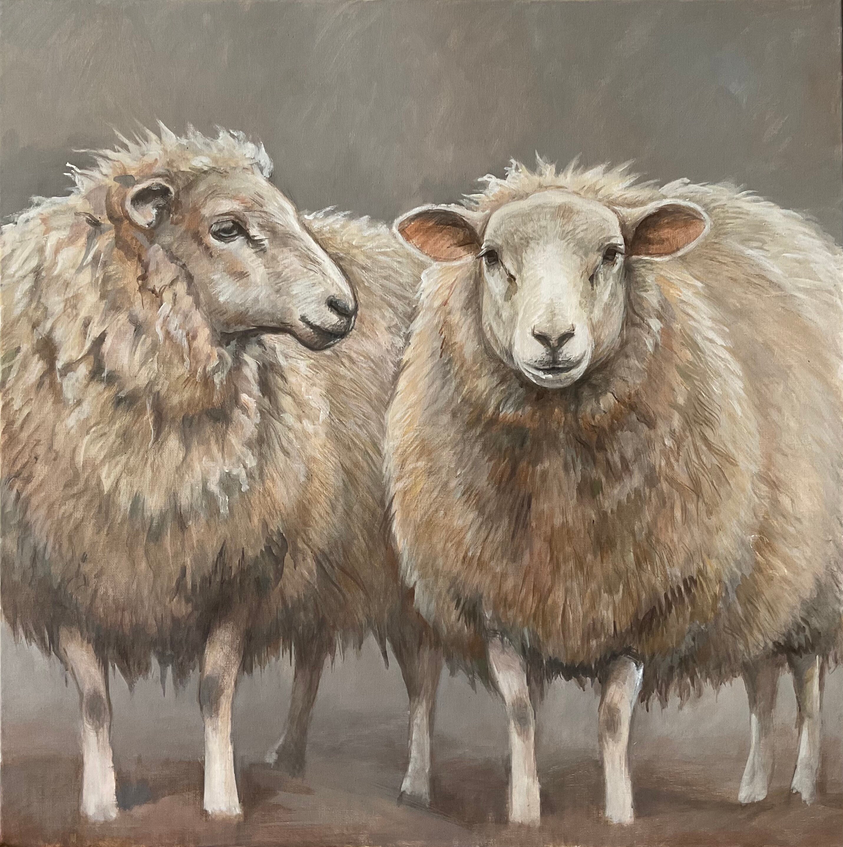 オリジナルの羊の絵画：大きなアクリル動物の肖像画 24x24インチ