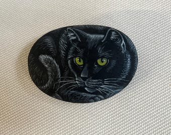 Black Cat-schilderij op rots: originele acrylkunst - handgeschilderd huisdier op zeesteen
