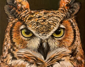 Owl Painting - Great Horned Owl Portrait - Acrylic Painting - Original Painting 6”x 6”