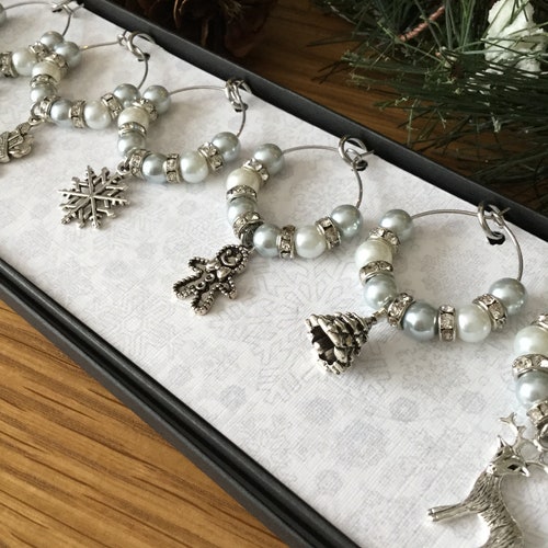 Christmas Holiday Wine Charms With Glass Beads Charm Set Etsy