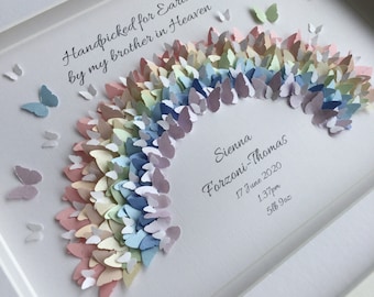 May include: A white frame with a rainbow made of paper butterflies. The text "Handpicked for Earth by my brother in Heaven" is at the top of the frame. The text "Sienna Forzoni-Thomas 17 June 2020 1.37pm 5lb 9oz" is at the bottom of the frame.