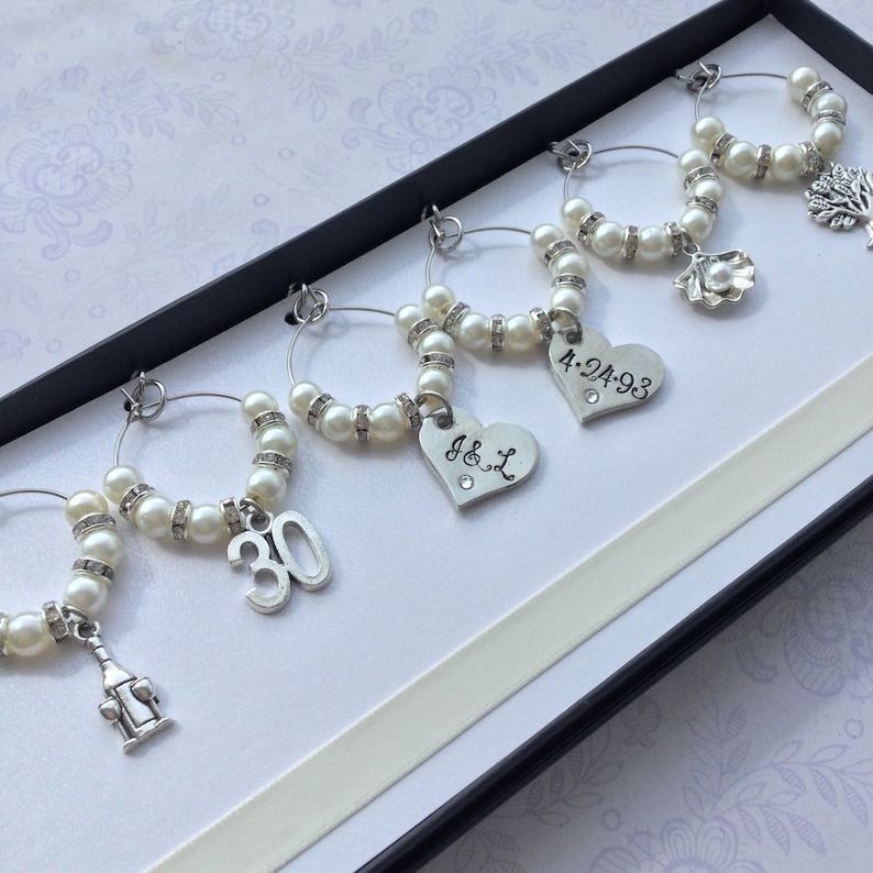 Pearl Anniversary Wine Charms 30th Wedding Anniversary Gift Personalised Pearl Wedding Gift by Little Jenny Wren image 3