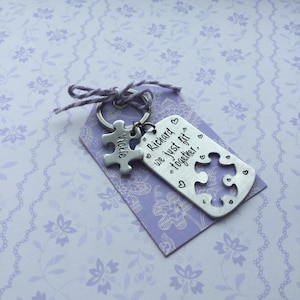 May include: Silver keychain with two puzzle pieces that fit together. One piece says "Richard" and the other says "Vicki". The tag says "we just fit together".
