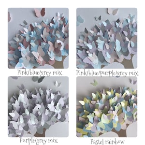 May include: A collection of paper butterfly art pieces in various color combinations. The options include pink, blue, and grey; pink, blue, purple, and grey; purple and grey; and a pastel rainbow mix. Each piece features a tree-like design.