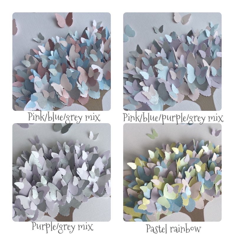 May include: A collection of paper butterfly art pieces in various color combinations. The options include pink, blue, and grey; pink, blue, purple, and grey; purple and grey; and a pastel rainbow mix. Each piece features a tree-like design.