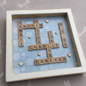 Personalised Lace Scrabble Frame for 13th anniversary gift, lace gift for husband anniversary wife lace anniversary by Little Jenny Wren baby blue