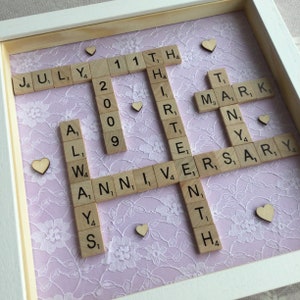 Personalised Lace Scrabble Frame for 13th anniversary gift, lace gift for husband anniversary wife lace anniversary by Little Jenny Wren light purple