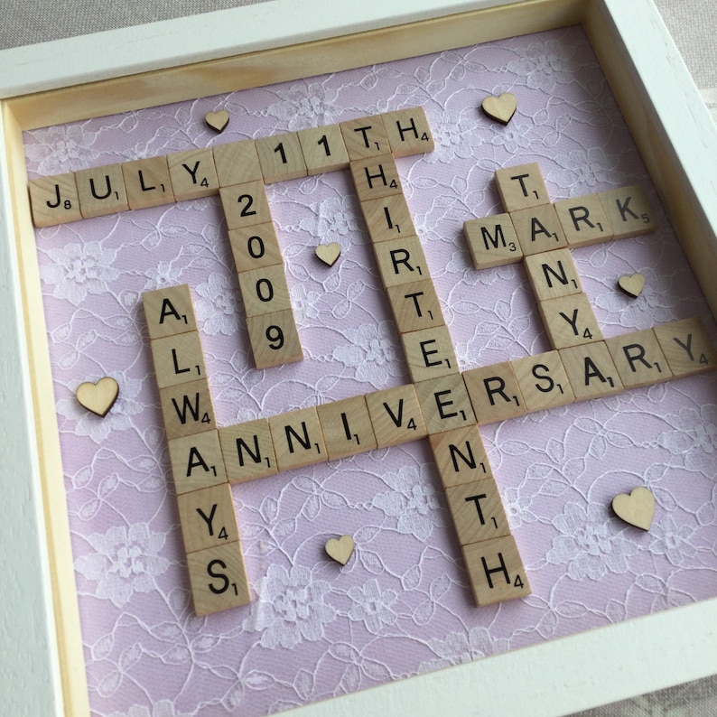 Personalised Lace Scrabble Frame for 13th anniversary gift, lace gift for husband anniversary wife lace anniversary by Little Jenny Wren light purple