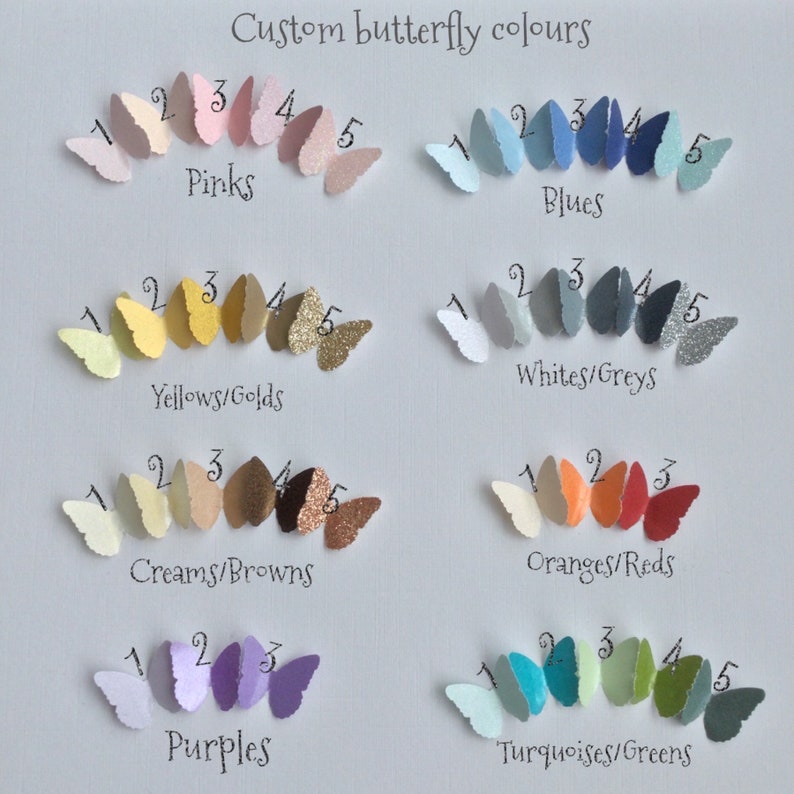 May include: A display of paper butterfly cutouts in various colors, arranged in rows. The text "Custom butterfly colours" is at the top. Color categories include pinks, blues, yellows/golds, whites/greys, creams/browns, oranges/reds, purples, and turquoises/greens.