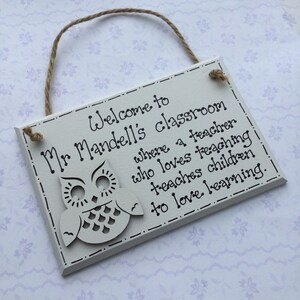 May include: White wooden sign with a cutout owl design and the text "Welcome to Mr. Mandell's classroom where a teacher who loves teaching teaches children to love learning."