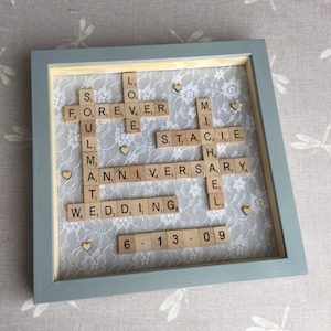 Personalised Lace Scrabble Frame, 13th anniversary gift, shabby chic scrabble frame, rustic scrabble frame, lace gift