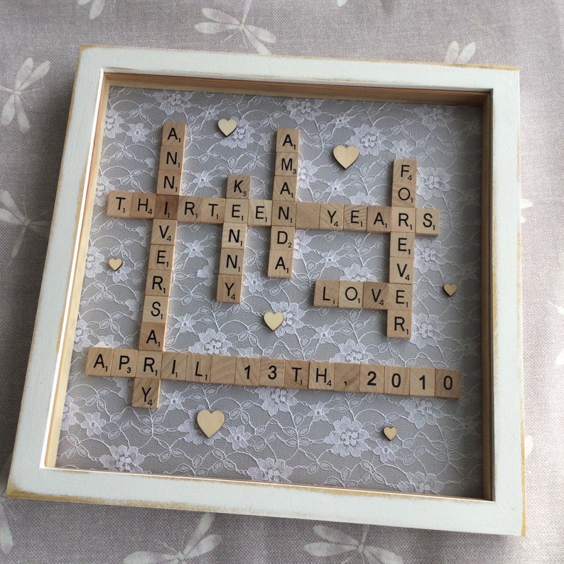 Personalised Lace Scrabble Frame for 13th anniversary gift, lace gift for husband anniversary wife lace anniversary by Little Jenny Wren pale grey