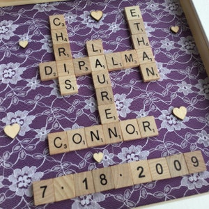 Personalised Lace Scrabble Frame for 13th anniversary gift, lace gift for husband anniversary wife lace anniversary by Little Jenny Wren dark purple