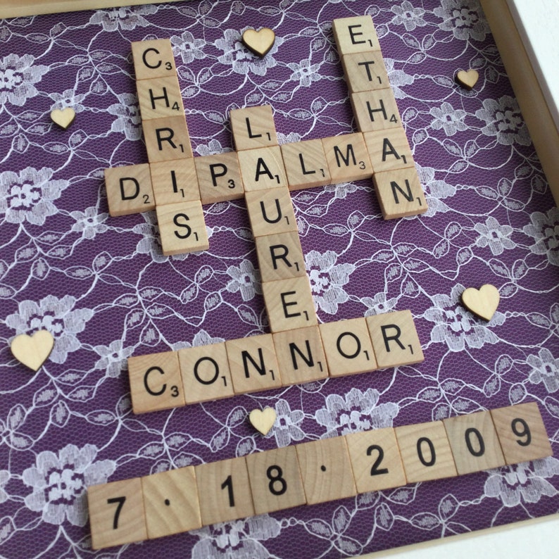 Personalised Lace Scrabble Frame for 13th anniversary gift, lace gift for husband anniversary wife lace anniversary by Little Jenny Wren dark purple