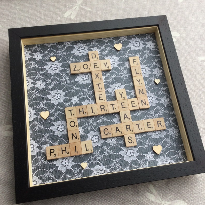 Personalised Lace Scrabble Frame for 13th anniversary gift, lace gift for husband anniversary wife lace anniversary by Little Jenny Wren slate grey
