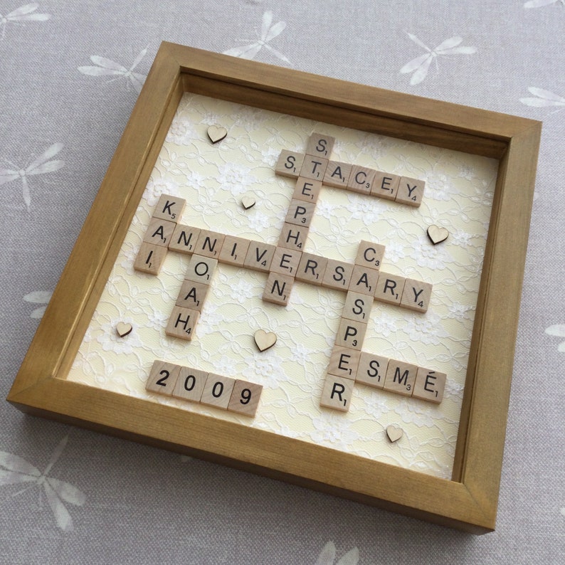 Personalised Lace Scrabble Frame for 13th anniversary gift, lace gift for husband anniversary wife lace anniversary by Little Jenny Wren cream