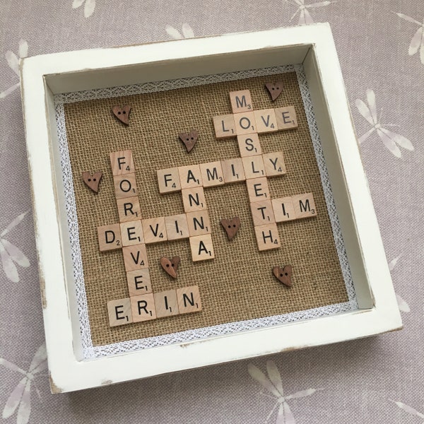 Rustic Scrabble Frame , family names, family scrabble frame, shabby chic scrabble frame, scrabble words, hessian scrabble