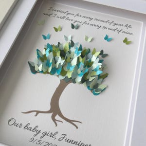 May include: A framed artwork featuring a tree crafted from paper butterflies in shades of blue, green, and white. The tree's trunk is brown, and the background is white. Text at the top reads, "I carried you for every second of your life and I will love you for every second of mine."