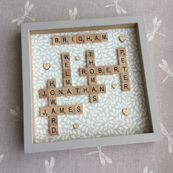 Scrabble Art Picture Frame Personalised Love Heart Date Wood Panel Neutral 